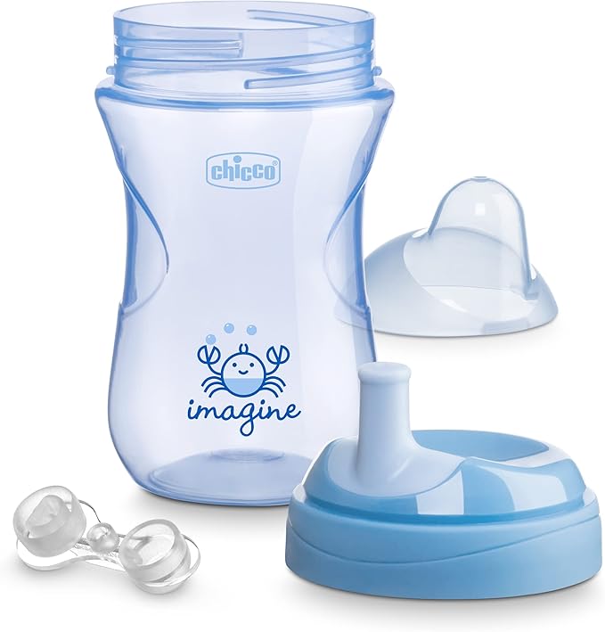 Chicco Sport Spout Trainer with Semi-Firm, Bite-Resistant Spout and Spill-Free Lid 9oz. | Top-Rack Dishwasher Safe | Easy to Hold with Ergonomic Indents | Pale Blue/Teal, 2pk | 9+ months