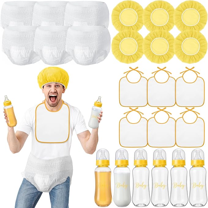 6 Sets Bottle Chug Baby Shower Games Juegos Para Plastic Baby Bottles Bibs Hat Disposable Diapers Gender Reveal Games Baby Changing Diaper Race Game Decoration (Yellow)