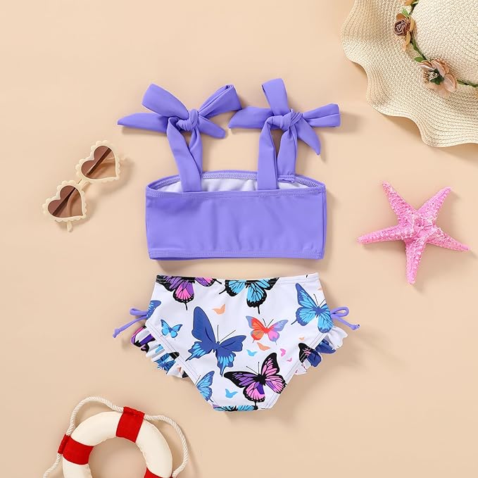 Toddler Swimsuit Girl Color Block Stripe Swimwear Baby Girl Summer Beach Bathing Suits Bikini Set with Ruffled Edges