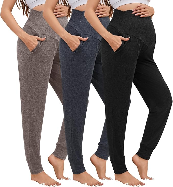 3 Pack Women's Maternity Sweatpants Over The Belly Pregnancy Jogger Pants Stretchy Maternity Pants with Pockets