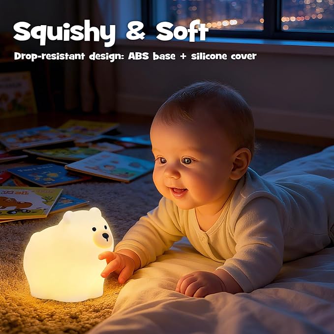 Squishy Polar Bear Night Light with RGB Mode Cute Polar Bear Light 3 Brightness Adjustable Nursery Breastfeeding Nightlight Rechargeable Silicone Touch Bedside Animal Lamp for Bedroom Dorm Decor