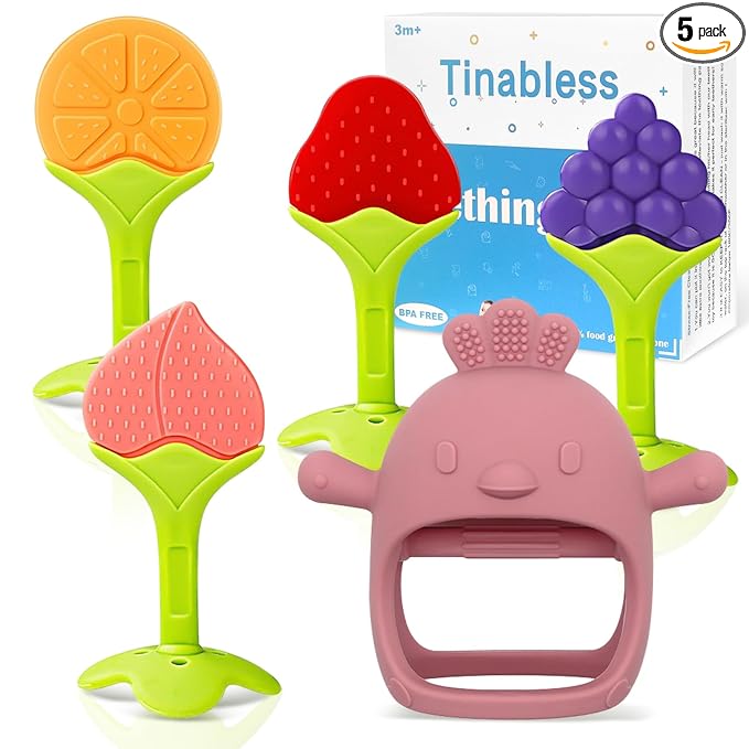 Tinabless Baby Teething Toys 5 Pack, Food Grade Silicone Teething Mitten & Teethers for Babies 3-12 Months, BPA-Free Infant Chew Toys for Teething Relief, Easy-Grip, Freezer Safe, Coral Red