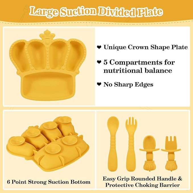 Silicone Baby Feeding Set 10 Pcs Baby Led Weaning Supplies Suction Bowl Divided Plate Baby Bibs Fruit feeder Pacifier Baby Spoons Forks Sippy Cup Utensil Sets Baby Essentials for Newborn Gift Yellow
