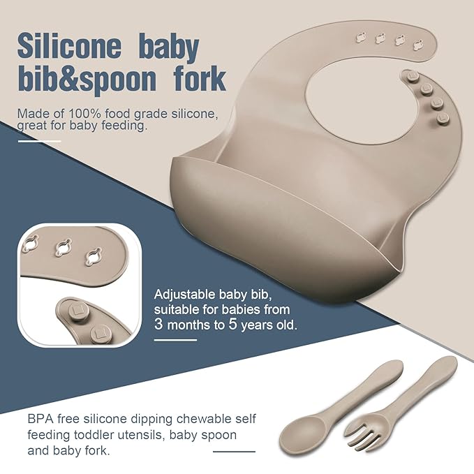 10 Pack Silicone Baby Feeding Set, Toddlers Led Weaning Feeding Supplies with Suction Baby Bowl Divided Plate Adjustable Bib Soft Silicone Spoon Fork, Infant Self Eating Utensil Set (Gray, Khaki)