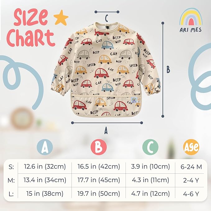 ARI MES Long Sleeves Waterproof Baby Bibs for Eating - Yellow Stripes, Medium- Wearable, Coverall for Toddler, Long Sleeve Bib, Smock for Toddler, Apron for Feeding - Applicable for 6-72 Months