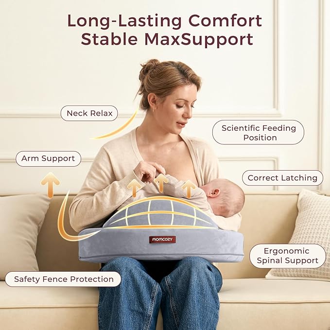 Momcozy Innovative Safety Fence Nursing Pillow - Firm & Springy Memory Foam - Stable, Ergonomic Support & Comfort - Wider Breastfeeding Cushion, Adjustable, Removable Cover, Baby Safety Certified