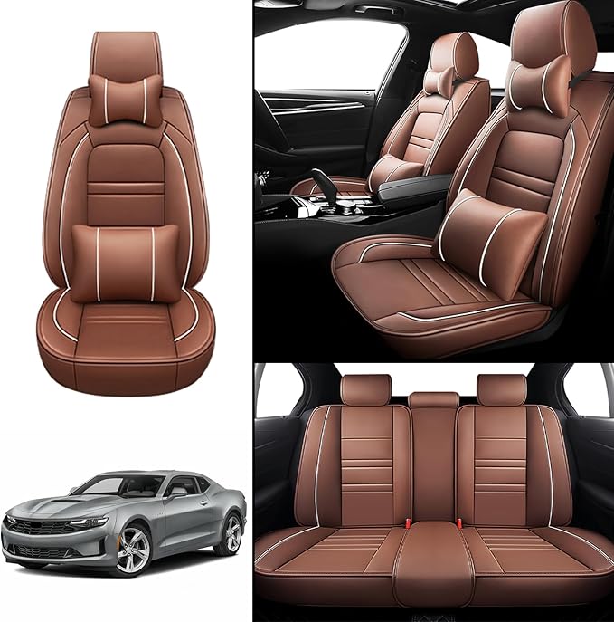 Car Seat Covers for Camaro 2000-2023 | 5-Seats Seat Covers, Waterproof Seat Protectors, Automotive Seat Covers (Full Set with Pillow,Coffee)