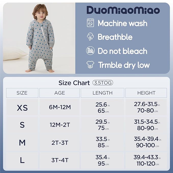 Duomiaomiao 3.5 TOG Toddler Sleep Sack 12-24 Months 100% Cotton Winter Side Open Zipper Baby Sleep Sack with Feet, Warm Toddler Wearable Blanket