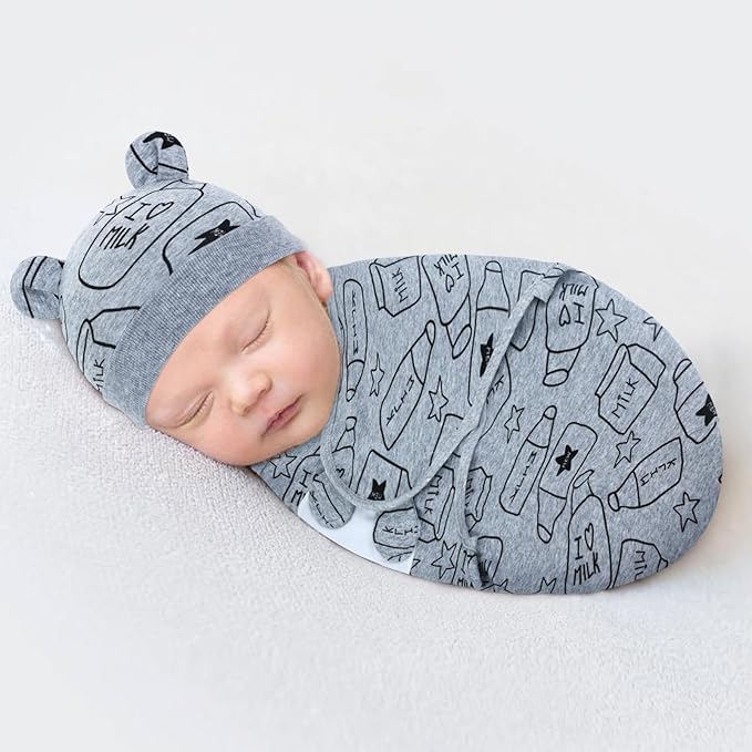 Cinaci 2 Pack Adjustable Soft Cotton Blend Newborn Baby Receiving Swaddle Blankets Sleep Sacks with Nursery Hats Caps Beanies Bonnets for Baby Girls Boys Newborns Infants