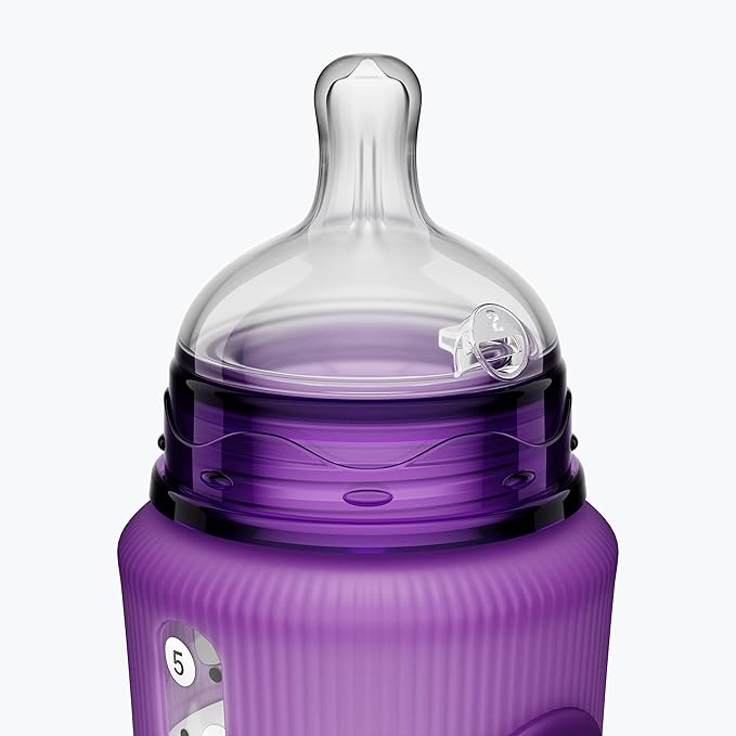 Smilo Baby Bottle Set with Stage 0 Slow Flow Anti Colic Nipple, 5 Oz / 150 ml Capacity, 3X Pack of Anti Colic Baby Bottles 0-3 Months - Plum Purple