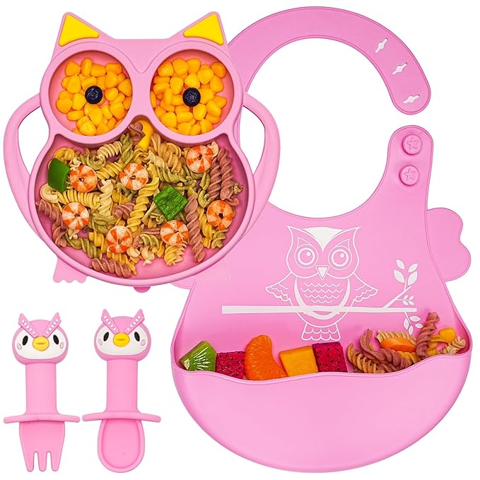 Baby Toddler Silicone Suction Plate with Spoon&Fork And Adjustable Bib Set,Silicone Baby Feeding Utensils Set，Baby Toddler Led Weaning Supplies Set-Pink Owl Set