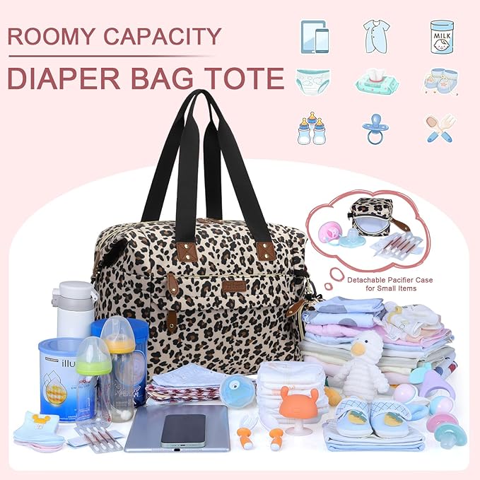 Pritent Diaper Bag Tote - Diaper Baby Bags with Pacifier Case, Shoulder Straps, Stroller Clips, Waterproof Large Mommy Maternity Travel Baby Bag for Mom and Dad, Leopard Print