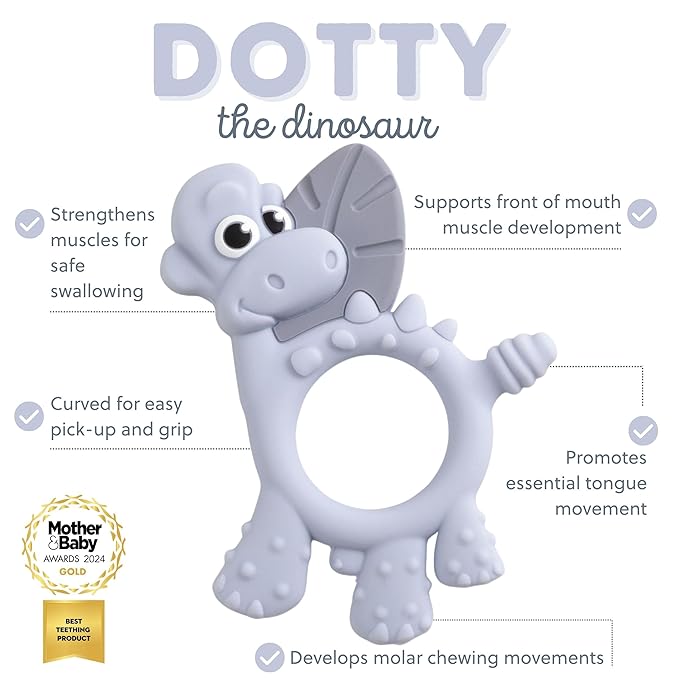 Bibado - Dotty The Dinosaur Teething Toys, Mist - Multi-Sensory Teether - BPA Free Baby Toy - Strengthen Mouth Muscles & Learn Feeding - Dentist Approved - Baby Essentials & Baby Toys - 3 Months+