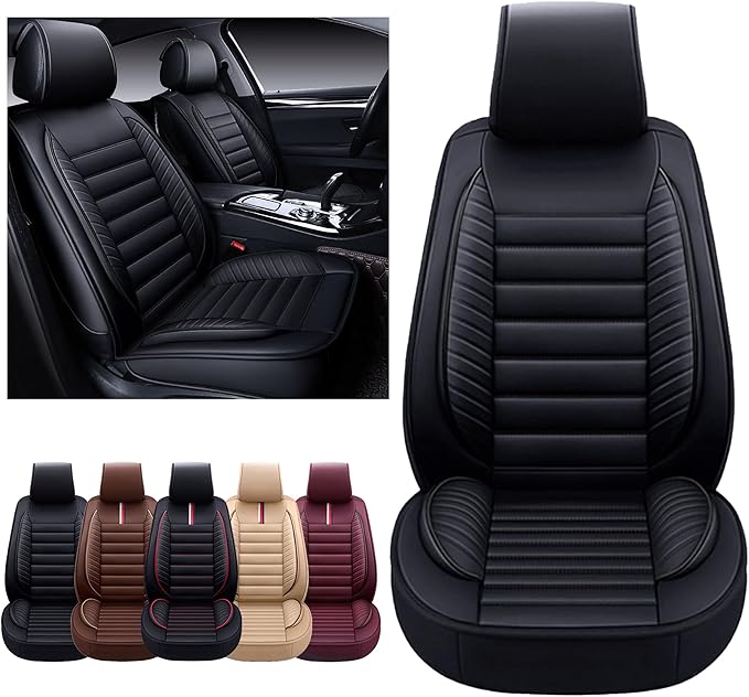 OASIS AUTO Car Seat Covers Premium Waterproof Faux Leather Cushion Universal Accessories Fit SUV Truck Sedan Automotive Vehicle Auto Interior Protector Front Pair (OS-001 Black)