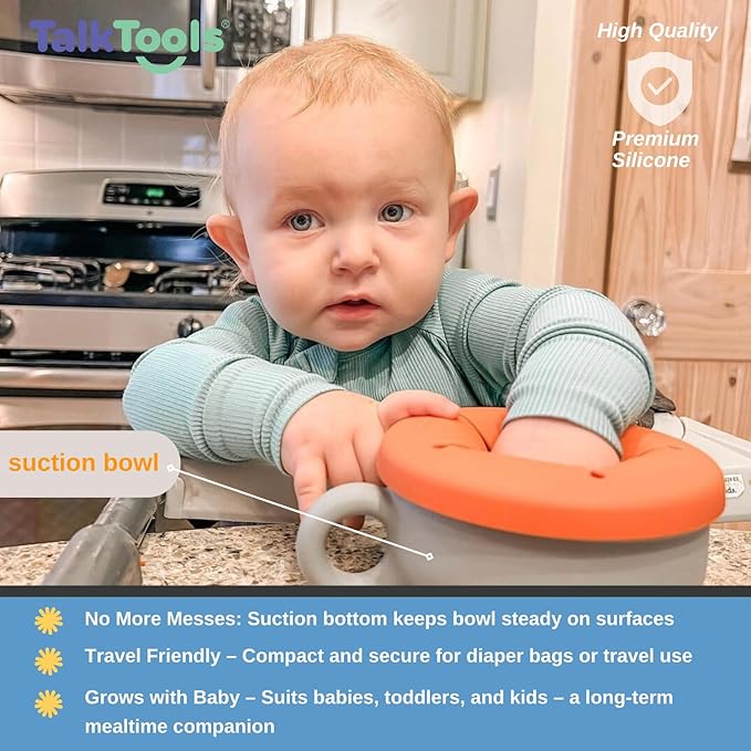 TalkTools Itsy Bowl with Locking Lid - Platinum grade silicone with Volume Lines, Curved Walls for Easy Scooping - for Babies, Toddlers, Children, and Elderly - Snack Cup Lid Accessory (Cloud)