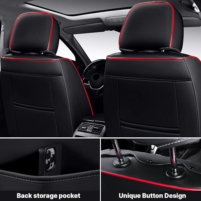 Universal Leather Seat Covers for Cars - Auto Seat Protector with Headrest, Wear-Resistant Car Seat Cushion (Black & Red, 2 Seats)
