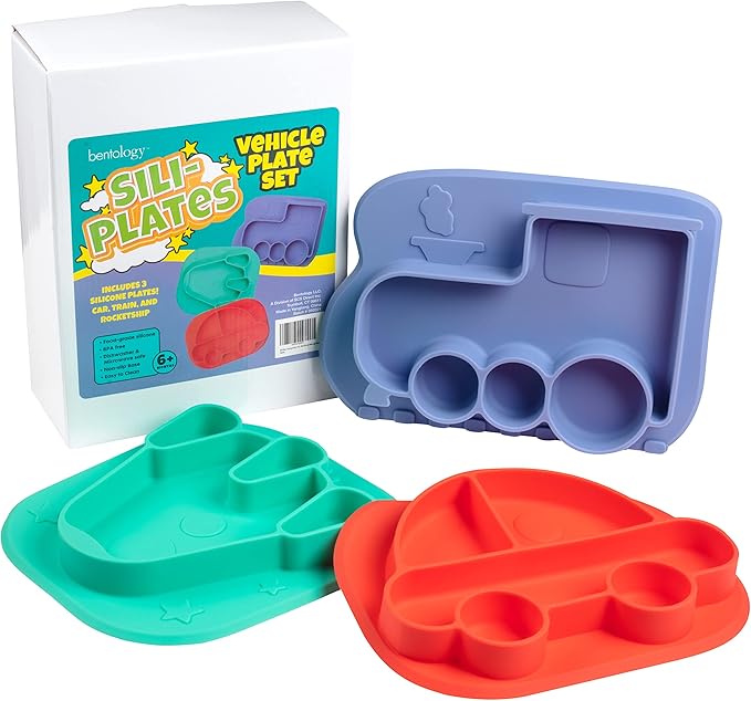 Vehicle Silicone Compartment Plates- 3 PK Car, Train, Rocket- Large Divided Sections for Easy Grabbing Baby Food Training, Non-Slip Unbreakable Material, Flexible Shapes for Toddlers, Kids- BPA Free