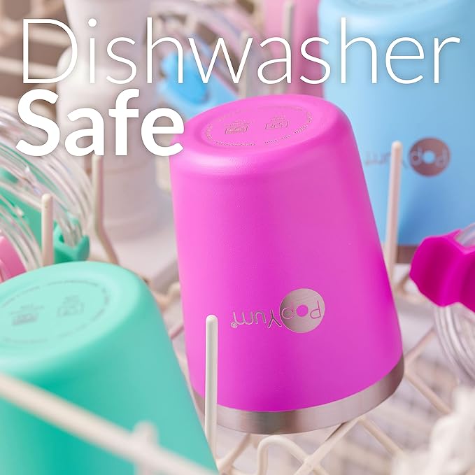 PopYum 9oz Insulated Stainless Steel Kids’ Cups with Lid and Straw, 2-Pack, Purple, Pink, stackable, sippy, baby, child, toddler, tumbler, double wall, vacuum, leak proof