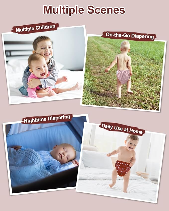 babygoal Reusable Charcoal Cloth Diapers with Double Gussets, 3 Pack Washable Baby Pocket Diapers with 3pcs Charcoal Inserts and Wet Dry Bag(Red Brown,Peach Blossom Pink)