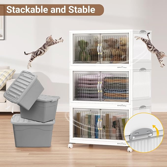 BROVIEW 500Qt Stackable Storage Bins with Lid, Extra Large Closet Organizer Collapsible Drawer Boxes with Wheels, Folding Plastic Cabinet Containers for Home Kitchen Room Organization, 5Pack White
