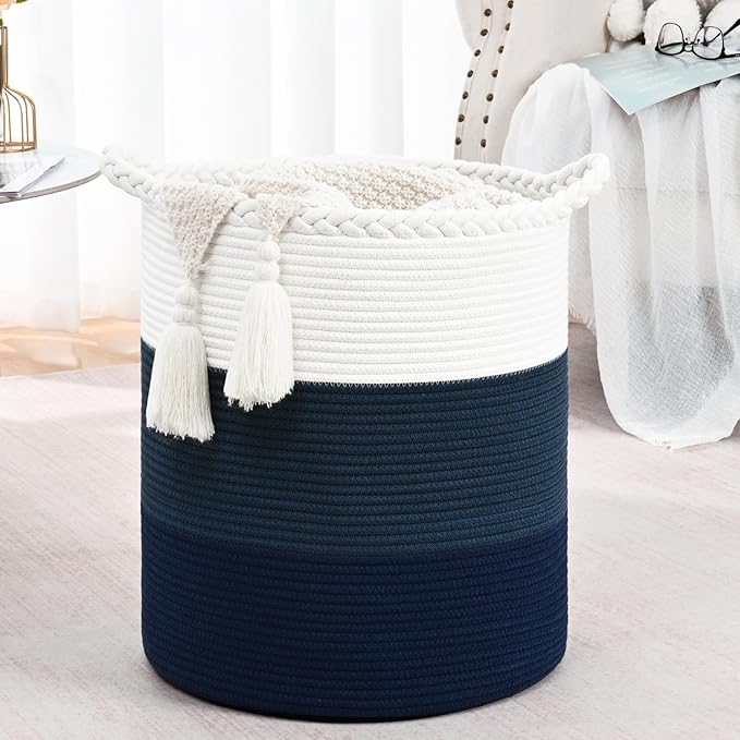 52L Storage Basket for Organizing, 15"×18" Large Tall Laundry Baskets, Cotton Rope Woven Blanket Basket, Toy Storage for Kids, Collapsible Laundry Hamper for Living Room, Nursery Room