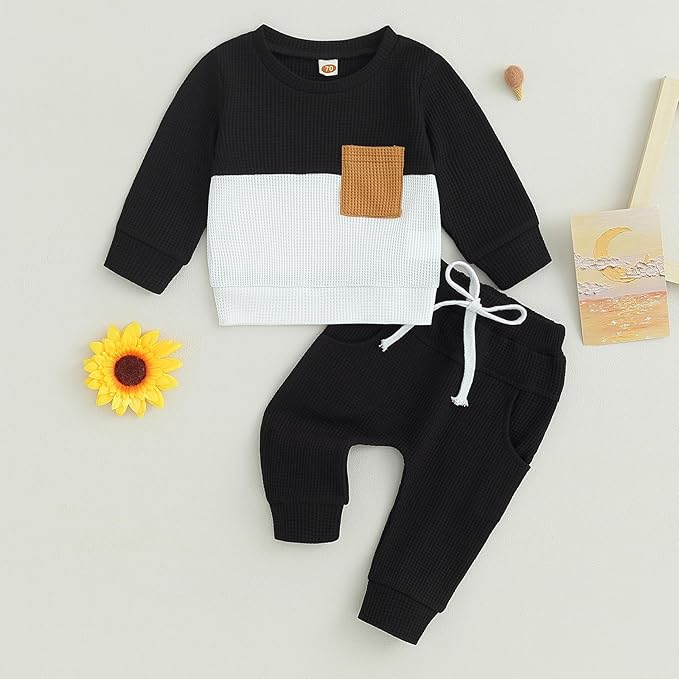 Toddler Baby Boy Fall Clothes Waffle Contrast Color Sweatshirt Pants Sets Infant Winter Outfits 6 12 18 24 Months