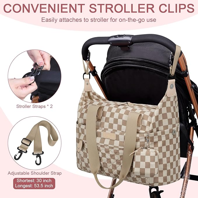 Pritent Diaper Bag Tote - Diaper Baby Bags with Pacifier Case, Shoulder Straps, Stroller Clips, Waterproof Large Mommy Maternity Travel Baby Bag for Mom and Dad, plaid