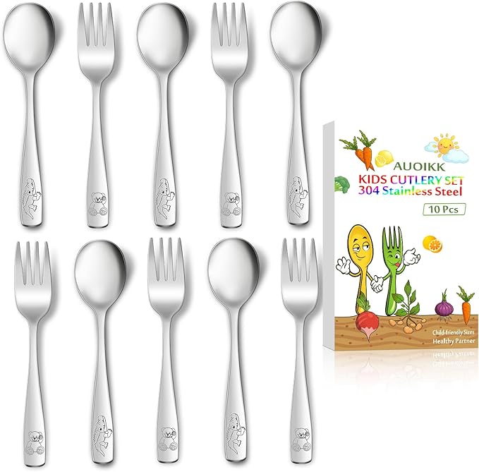 10-Piece Toddler Flatware, Kids Utensils Stainless Steel Cutlery Set, Children Safe Spoons and Forks with Ergonomic Handle, Easy to use and Dishwasher Safe (Crocodile and Bear)