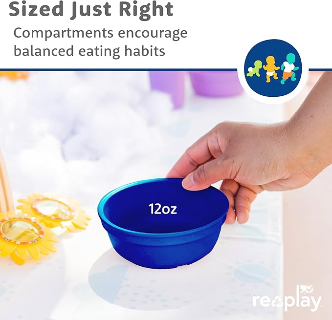 Re-Play 12 oz. Toddler Bowls Set of 4 - Kids Deep-Walled, Durable & Reusable Snack and Meal Bowls, Dishwasher & Microwave Safe, BPA-Free, Made in USA from Recycled Plastic, Cool Blues