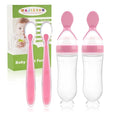 WAJIAYON Baby Food Feeder 4 Pack Silicone Baby Food Dispensing Spoon-3 oz Squeeze Feeding Spoons with Suction Cup for Boys Girl Kids Toddlers - Self Feeding Bottle Spoon-Pink