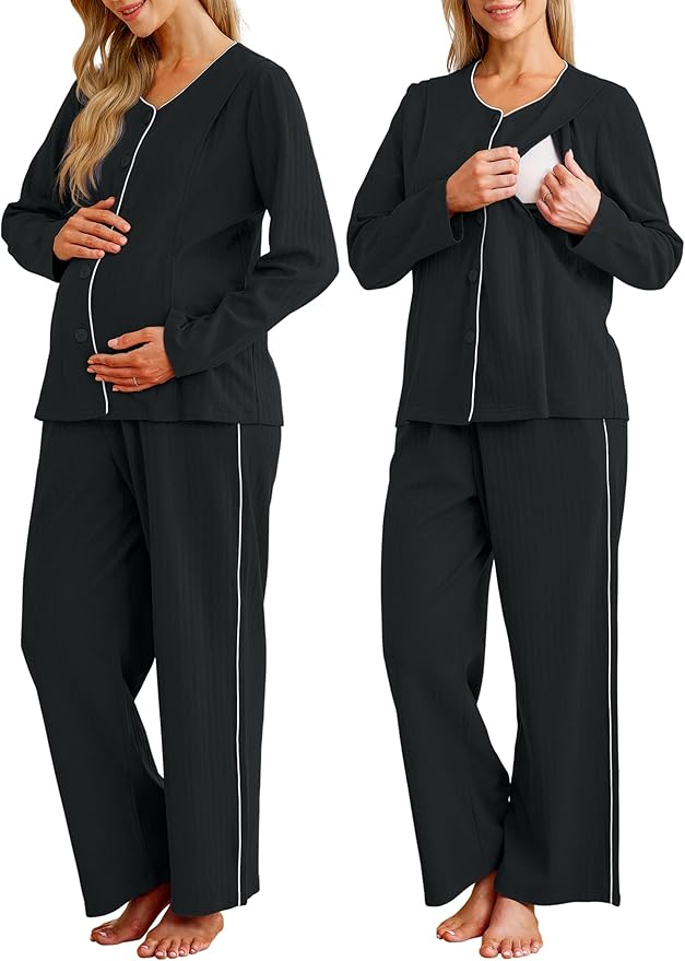 OUGES 100% Cotton Women's Maternity Nursing Pajamas Sets Button Down Breastfeeding Loungewear Top & Pants with Pockets