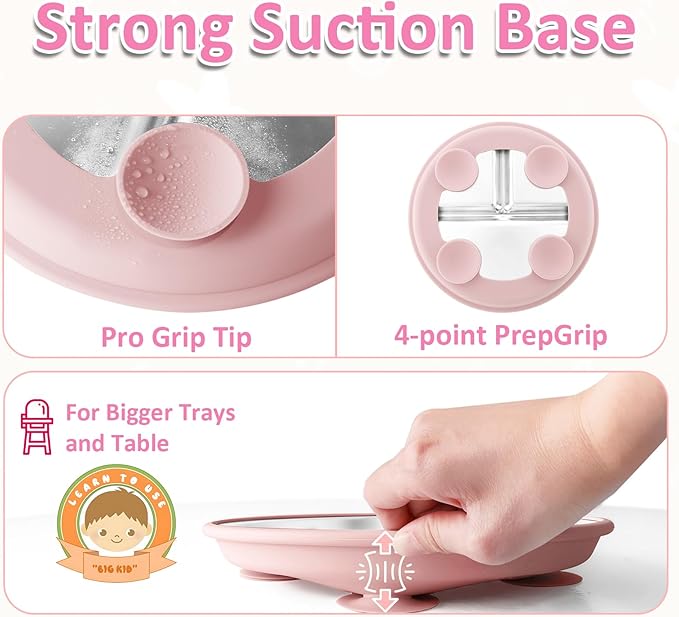 Stainless Steel Suction Plates for Toddlers, 9" Divided Kids Baby Plates with Removable Silicone Suction, Non Toxic Non Slip Portion Control Snack Dishes 3 Packs, Blue Gray Blush