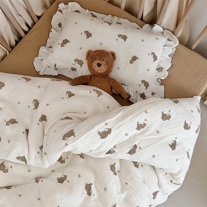 AOJIM Cute Cartoon Pattern Muslin Toddler Kids Pillow Case Super Soft Cotton Baby Crib Pillowcase 1pc with Ruffle Edge, Machine Washable Boys Girls Pillowcase with Bear and Bee Print, 26 * 20''