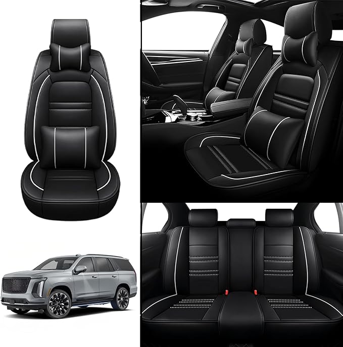 Car Seat Covers for Cadillac Escalade 2000-2025 | 5-Seats Seat Covers, Waterproof Seat Protectors, Automotive Seat Covers (Full Set with Pillow,Black&White Line)