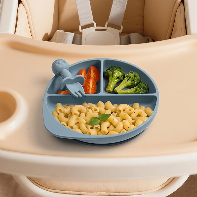 Silicone Baby Feeding Set Plates and Utensils Set for Baby Toddlers Infant Kids,forks and spoons baby plates with suction,baby spoons self feeding 6 months,baby feeding essentials (Blue)