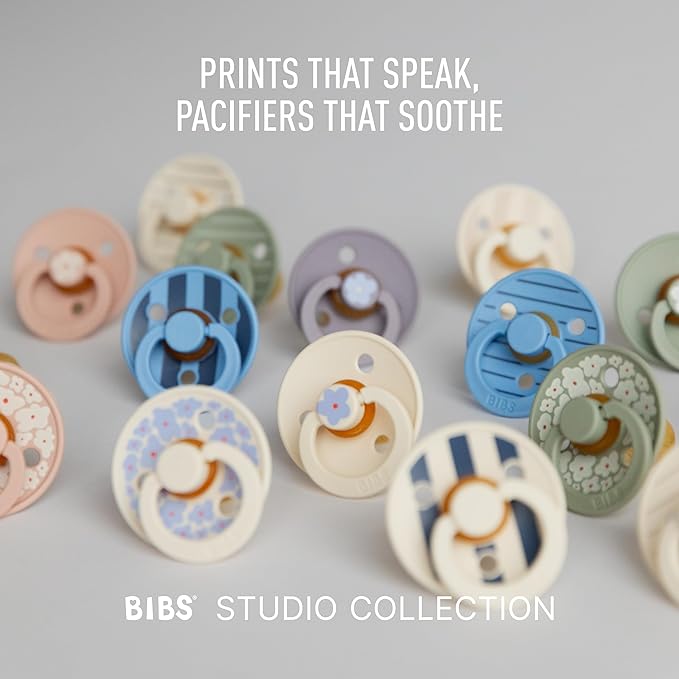 BIBS Pacifiers - Studio 2 Pack | Round Nipple Baby Pacifier | BPA Free Natural Rubber Latex Soother | Made in Denmark | Size 6+ Months | Pin Ivory Steel Blue