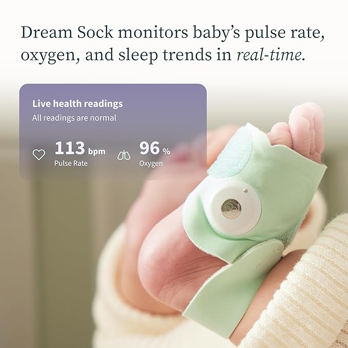 Dream Sock – Smart Wearable Baby Monitor, Infant Pulse Oximeter Tracks Oxygen & Heart Rate | Parents Receive Alerts, Sleep & Health Insights via App | Mint