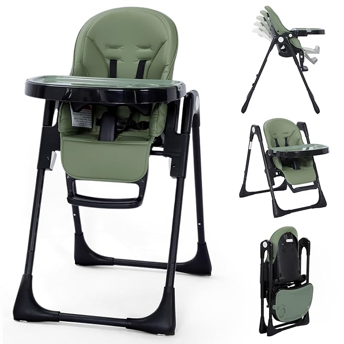 Kinder King Convertible High Chair for Babies & Toddlers, Adjustable Baby Feeding High Chair with Removable Double Tray, Simple Compact Fold for Space-Saving, 2 Built-in Wheels, Easy to Clean, Green