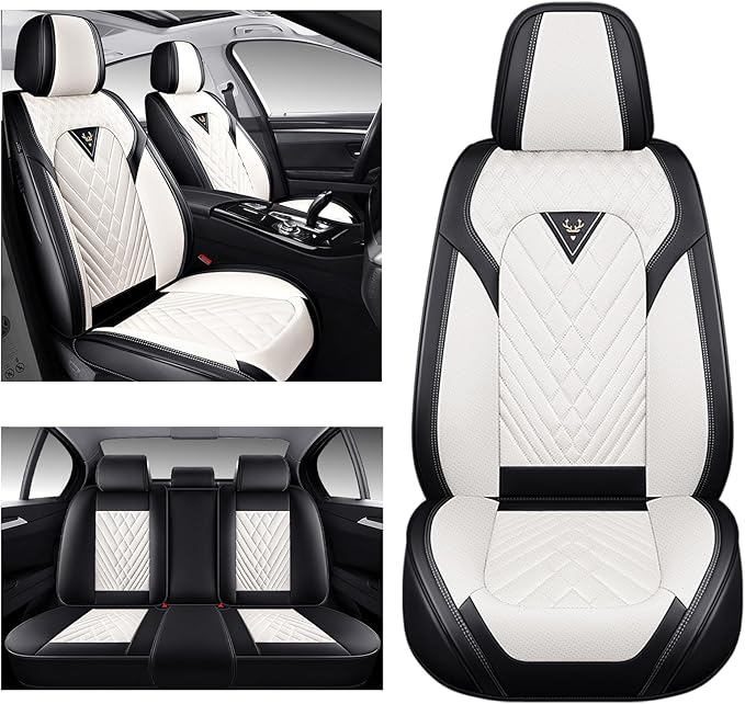Car Seat Covers,Waterproof Faux Leather Automotive Comfortable Seat Covers Full Set for Cars SUV Truck Sedan,Universal Anti-Slip Seat Protector Breathable Seat Cover (5 Seat,Black&White)