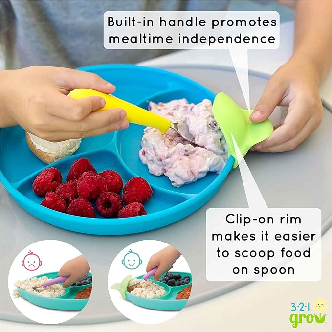 Silicone Easy Scoop & Hold Plate Set - Baby and Toddler Training Plates with Clip-On Rims for Easy Scooping, Self-Feeding and Baby Led Weaning, 6+ months (Plum)