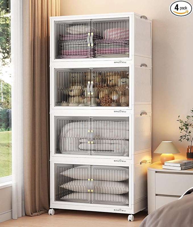 BROVIEW 320Qt Stackable Storage Bins with Lid, Extra Large Closet Organizer Collapsible Drawer Boxes with Wheels, Folding Plastic Cabinet Containers for Home Kitchen Room Organization, 4Pack White