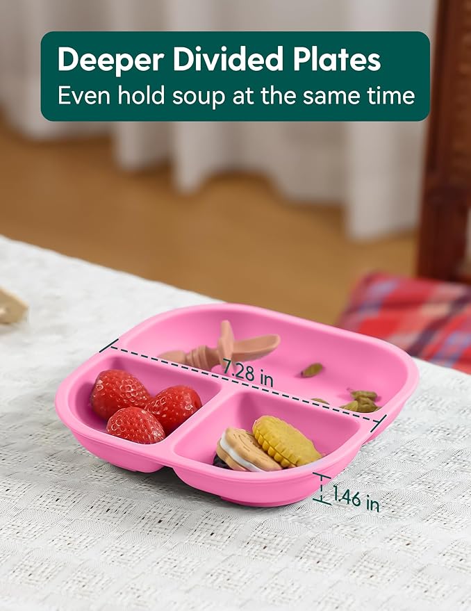 BABELIO Powerful Suction Plates for Baby and Toddler, 100% Food Grand Silicone, Divided, BPA Free, Microwave & Dishwasher Safe, Stay Put, 3 Pack