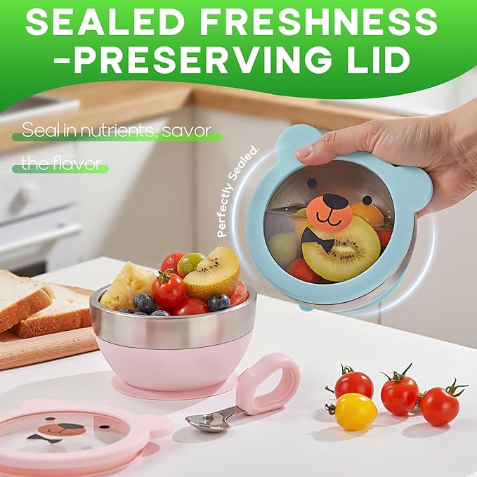 Suction Bowl and Spoon Set for Babies and Toddlers Non-Slip Silicone Suction Cups, Advanced 304 Stainless Steel Bowls, Double-Layer Insulation, and BPA-Free Lids Food-Grade Safety PINK