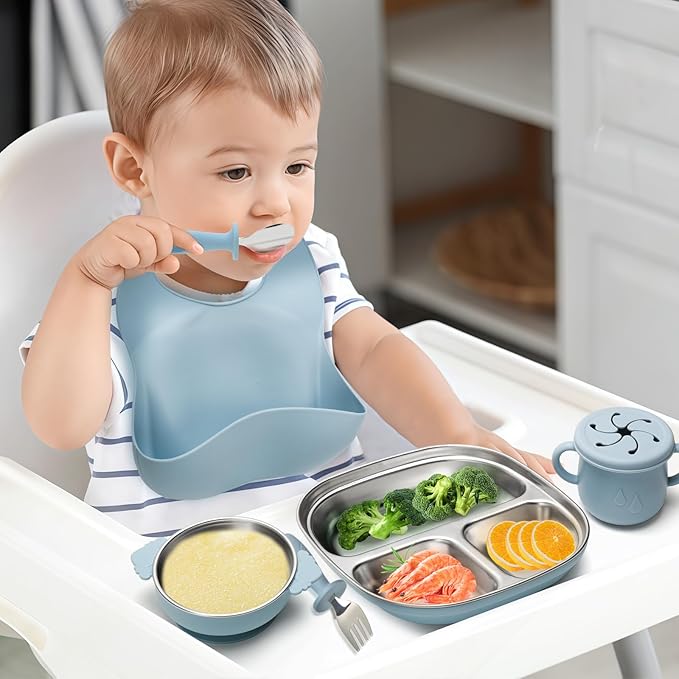 Stainless Steel Kids Plates and Bowls Set with Suction, Divided Baby Plate and Toddler Bowl with Removable Silicone Suction,Stainless Steel Weaning Bundle, Silicone Baby Feeding Set (Blue)