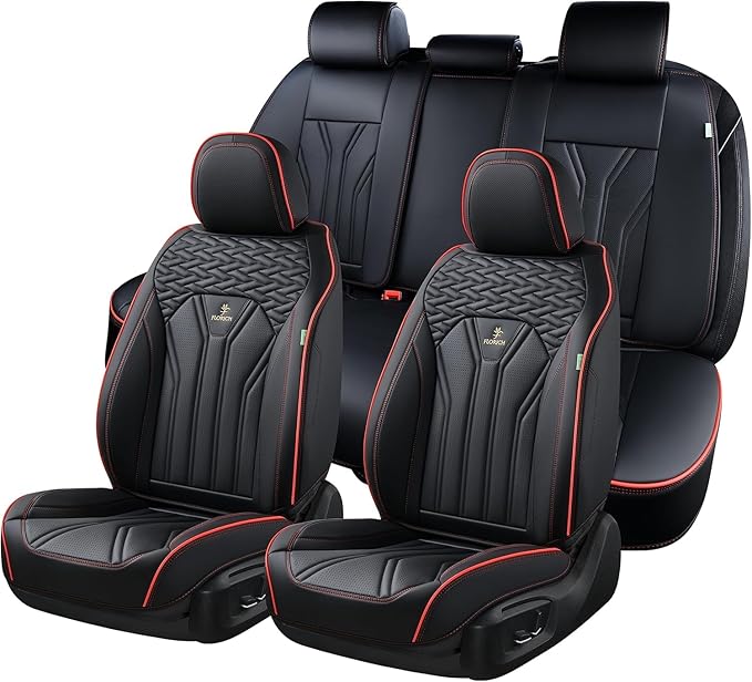 FLORICH Leather Seat Covers Full Set Car Seat Protectors 5 Seats Automotive Seat Covers Universal Fit for Most Cars Trucks SUV-Black&Red Line