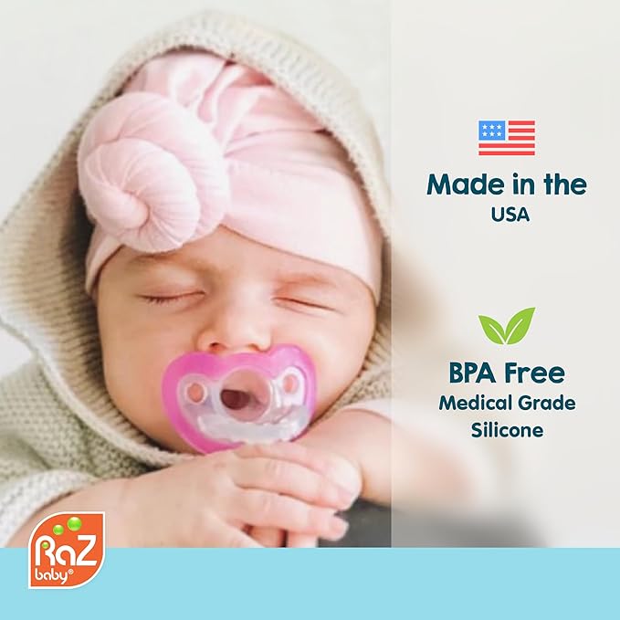 RaZbaby JollyPop Pacifier, Holder w/Detachable Baby Pacifier, Stuffed Animal RaZbuddy, All Ages 0M+, 100% Medical Grade USA Made Silicone, Machine Washable, Textured & Easy to Hold – Lab