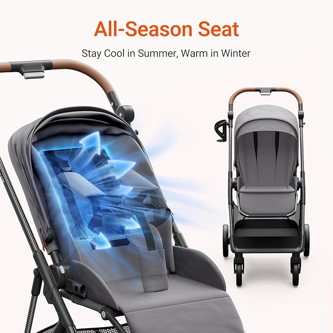 MAMAZING Air Lux Baby Stroller with Bassinet & Infant Car Seat Adapter, Lightweight Compact Carbon Fiber Frame, One-Hand Fold, Reversible Seat, Space-Saving Storage