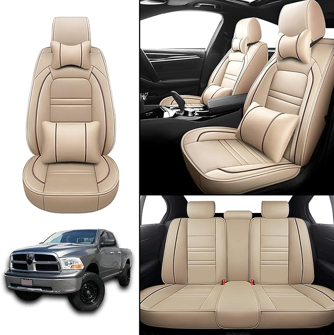 Car Seat Covers for Dodge ram 1500 2004-2011 | 5-Seats Seat Covers, Waterproof Seat Protectors, Automotive Seat Covers (Full Set with Pillow,Beige)