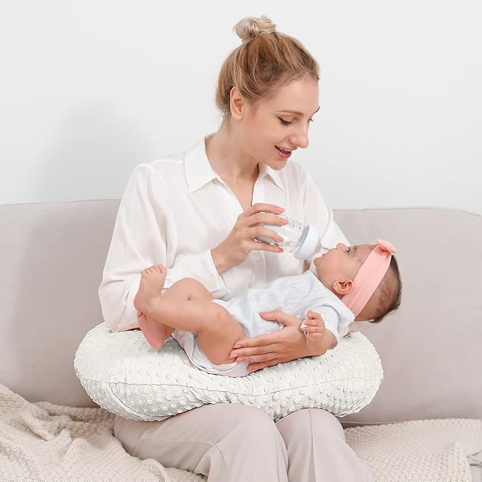 Nursing Pillow and Positioner, Breastfeeding, Bottle Feeding, Baby Sitting Support with Removable Ultra Soft Cover, Tummy Time Support for Baby Boys and Girls (Beige)