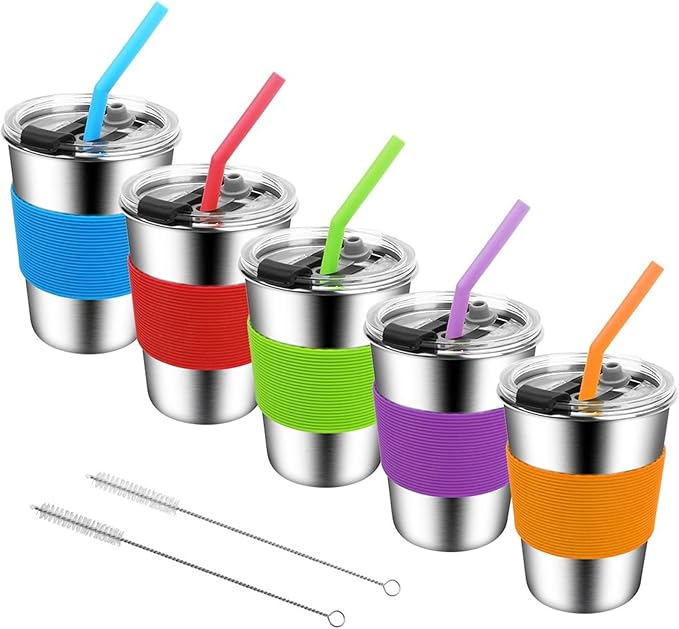 Kids Cups with Straws and Lids, 5 Pack 12oz Spill Proof Toddlers Straws Tumbler with Lids, Stainless Steel Sippy Cups with Lids for School, Outdoor